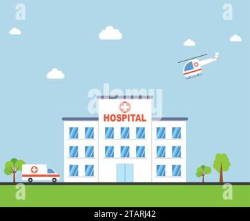 Städtisches Krankenhausgebäude mit Krankenwagen und Hubschrauber in flacher Bauweise. Vektor-Illustration Der Klinik. Stock Vektor