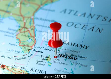 Nassau, Bahamas Pin auf der Karte Stockfoto