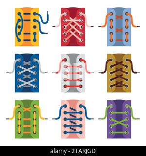 Schnürsenkel Schuhe Symbole auf weißem Hintergrund. Pläne zum Binden von Schnürsenkeln. Abbildung des Verbindungsvektors Stock Vektor