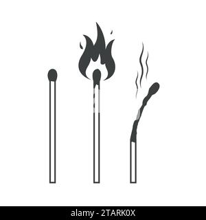 Passt zu Symbolen, beleuchteten Streichhölzern und verbrannten Streichhölzern. Vektorabbildung. Stock Vektor
