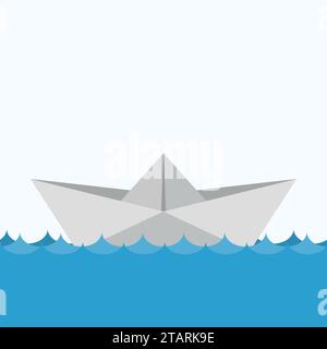Papierboote Schiff Origami Spielzeug und Papierschiff Transportwelle. Ocean Navy Freedom Yachtpapierschiff in flachem Stil auf blauem Hintergrund. Stock Vektor