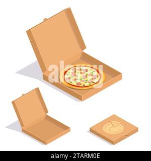 Braune Kartonverpackung mit Pizza in flacher Ausführung. Pappe leer Pizzaschachteln auf weißem Hintergrund öffnen und schließen. Stock Vektor