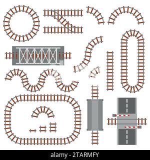 Satz von Eisenbahnteilen, Schiene oder Eisenbahn Draufsicht. Verschiedene Zugkonstruktionselemente. Zuggleise aus Stahl und Holz, Schiene Stock Vektor