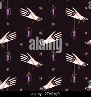 Magisches nahtloses Muster. Frauenhand mit einem Kristall an einer Kette und goldenen Sternen. Ritual zur Vorhersage der Zukunft. Lithomancy. Mystische Wahrsagung. Stockfoto