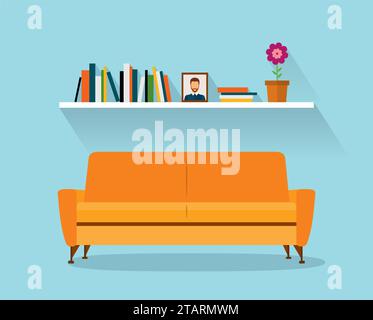 Sofa und FhelfSofa und Fhelf mit bunten Büchern. Flacher Retro-Style. Modernes, orangefarbenes Sofa und Bücherregale Stock Vektor