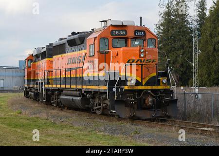 Mount Vernon, WA, USA - 28. November 2023; Paar von BNSF-Güterlokomotiven parkte auf Kurve in Linie Stockfoto