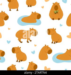 Nahtloses Muster. Süße Capybaras auf weißem Hintergrund. Vektorillustration für Design, Tapete, Verpackung, Textil. Kinderkollektion Stock Vektor