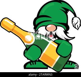 Süßer fröhlicher weihnachtszwerg mit Sektflasche. Vektorvorlage auf transparentem Hintergrund Stock Vektor