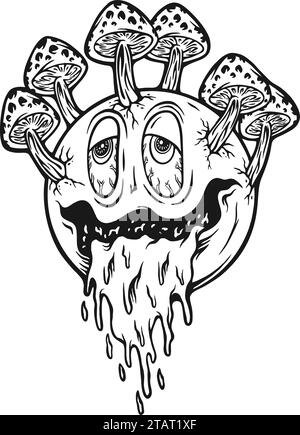 Psychedelische tropfende Zauberpilz Emoticon monochrome Vektor-Illustrationen für Ihre Arbeit Logo, Merchandise T-Shirt, Aufkleber und Label Designs, Post Stock Vektor