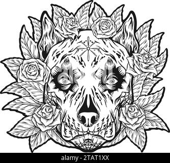 Florale Fantasy Hundekopf muerte monochrome Vektor-Illustrationen für Ihre Arbeit Logo, Merchandise T-Shirt, Aufkleber und Label Designs, Poster, Gruß c Stock Vektor