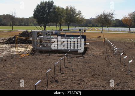 San Antonio, USA. Dezember 2023. Temporäre Marker für Gräber auf dem Gelände des Fort Sam Houston National Cemetery in San Antonio, Texas, USA, am 1. Dezember 2023. Derzeit hat der Friedhof 338 Acres, von denen 200 Acres erschlossen wurden. Der Fort Sam Houston National Cemetery hat das Potenzial, über Jahrzehnte geöffnet zu bleiben. (Foto: Carlos Kosienski/SIPA USA) Credit: SIPA USA/Alamy Live News Stockfoto