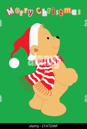 Ein Teddybär mit Weihnachtsmütze und Schal auf grünem Hintergrund, mit Text Merry Christmas. Illustration für Weihnachten. Stock Vektor