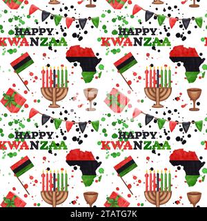 Nahtloses Kwanzaa-Muster. Kinara, sieben brennende Kerzen, rote schwarze grüne Karte, Tasse, Geschenk, Flecken, Spritzer. Afroamerikanischer Urlaub. Handgezeichnet Stockfoto