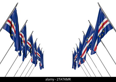 Wunderbarer Tag der Flagge 3D Illustration - viele Cabo Verde Flaggen hängen an diagonalen Pfosten von links und rechts isoliert auf weiß Stockfoto