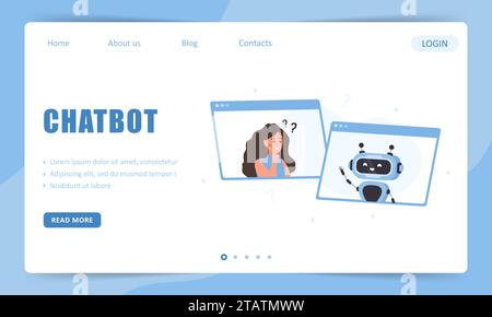 Chatbot-Konzept. Vorlage für Landing-Page. Frau, die mit dem Roboter spricht. KI-Assistent. Mädchen, das Fragen stellt und Antworten erhält. Online-Kundensupport Stock Vektor