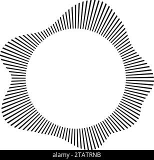 Radialwellen-Schalllinien. Kreisförmiger Rahmen. Klangring. Wellenförmiger Rundrahmen. Symbol für radiale Strahlen. Wellenförmiges geometrisches Designelement. Equalizer, radial Stock Vektor