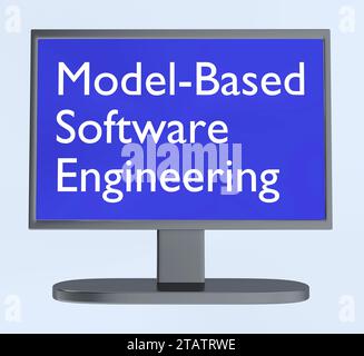 3D-Darstellung eines PC-Bildschirms mit Text Model-Based Software Engineering. Stockfoto