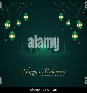 Happy Muharram und islamischer Neujahrshintergrund mit Silhouette der Moschee. Hijri Neujahrsdesign für Grußkarten, Poster, Banner oder Hintergrundbilder Stock Vektor