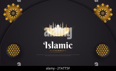 Islamischer arabischer Hintergrund mit abstrakter eleganter Dekoration und goldener Moschee auf schwarzem Papercut-Hintergrund Stock Vektor