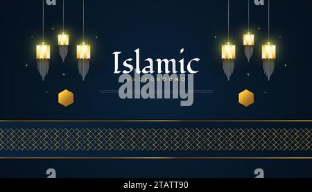 Islamischer Hintergrund mit goldenen arabischen Laternen und abstraktem elegantem Muster auf dunklem Hintergrund für Banner oder Grußkarte Stock Vektor