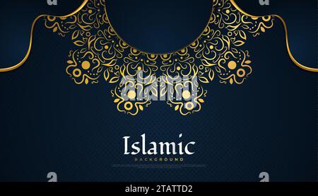 Islamischer Hintergrund mit goldenem Mandala auf blauem Papier für Grußkarte oder Banner Stock Vektor