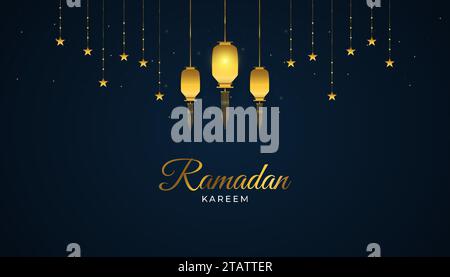 Ramadan Kareem Banner oder Grußkarte mit goldenen arabischen Laternen und hängenden Sternen auf dunklem Hintergrund. Islamischer Hintergrund mit luxuriöser Dekoration Stock Vektor