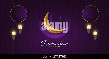 Ramadan Kareem Hintergrunddesign mit goldenem Halbmond, Laternen und Moschee-Silhouette. Islamisches Grußbanner Stock Vektor