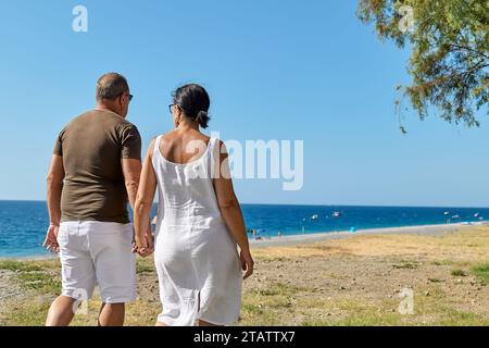 Glückliches Paar mittleren Alters, das Zeit zusammen verbringt und einen romantischen Moment am Strand genießt. Rückblick auf wandelnde reife Männer und Frauen, die Hände in Meeren halten Stockfoto