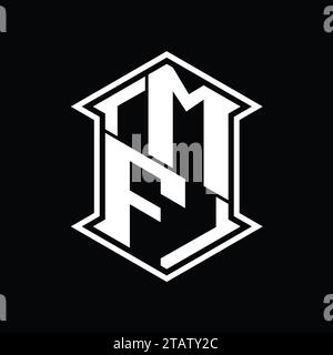 Die sechseckige Abschirmung mit MF Letter Logo-Monogramm ist nach oben und unten geformt und verfügt über eine Designvorlage mit isolierten Ecken Stockfoto