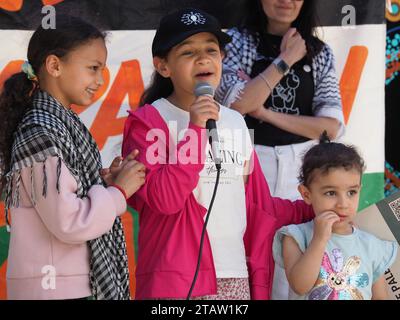 Australien, Canberra, 3. Dezember 2023. Am achten Wochenende in Folge versammeln sich Hunderte von Kanberern in der Stadt, um ein Ende des Völkermords in Gaza zu fordern und Solidarität mit Palästina zu zeigen Stockfoto