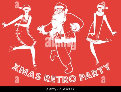 Weihnachtsfeier. Retro-Illustration von Santa Claus und zwei Flapper Girls, die Charleston tanzen Stock Vektor