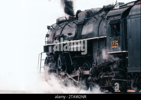 Eine schwarz-weiße Dampflokomotive, die an einem bewölkten Tag auf einer kurvenreichen Schiene herumhuscht Stockfoto