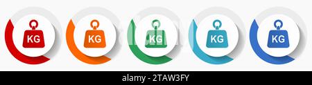 Gewicht, kg, Kilogramm Vektorsymbole, flache Symbole in 5 Farboptionen für Logo-Design, Webdesign und mobile Anwendungen, bunte runde Tasten Stock Vektor