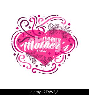 „Happy Mother's Day“-Schriftzug mit niedlichem rotem Herz und Blumen-Illustration. Typografie zum Muttertag im Doodle-Stil. Kann für Grußkarte, POS. Verwendet werden Stock Vektor