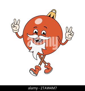 Grooviger roter Weihnachtsball mit Bart, der Friedenszeichen zeigt. Retro-groovige Cartoon-Figur. Vektorillustration isoliert auf weiß. Weihnachtsmann Weihnachtsbaumspielzeug. Stock Vektor