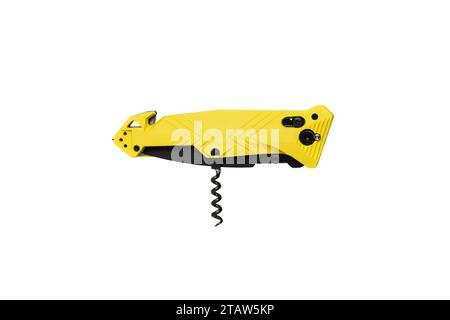 Taschenmesser mit modernem Klappmesser. Taschenmesser mit Korkenzieher und Schlinge. Isolieren auf weißem Hintergrund. Stockfoto