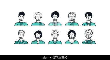 Set von People Avataren mit minimalem Cartoon-Stil und verschiedenen Ausdrücken. Sammlung Männlicher Zeichen Stock Vektor