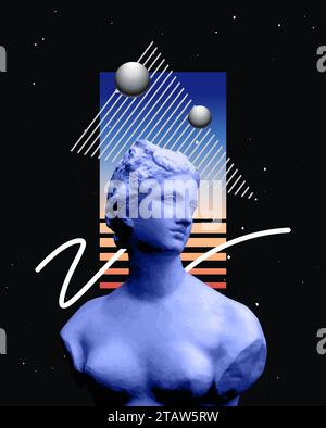 Poster der 90er Jahre 80. Synthwave-Grafik mit Skulptur der Venus von Milo. Griechische Kunst im Scifi-Stil. Vintage und abstrakte Ästhetik. Retro Stock Vektor