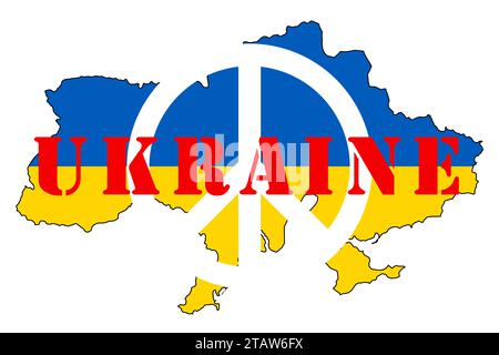 Ukraine mit der Form, den Farben und dem Namen der Nation, bebilderte Grafiken für das Logo mit dem Friedenssymbol. Stockfoto