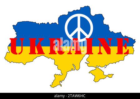 Ukraine mit der Form, den Farben und dem Namen der Nation, bebilderte Grafiken für das Logo mit dem Friedenssymbol. Stockfoto