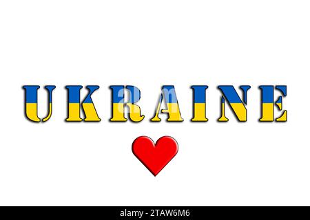 Ukraine, der Name des Landes und die Farben der Flagge, illustrierte Grafiken des Logos und Herz für das ukrainische Volk Stockfoto