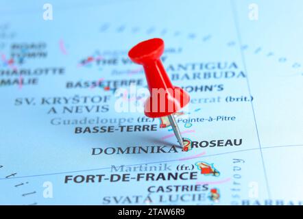 Roseau, Dominica Pin auf der Karte Stockfoto