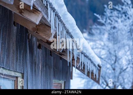 Eiszapfen hängen vom Dach eines Holzhauses vor dem Hintergrund einer verschwommenen Winterlandschaft. Stockfoto