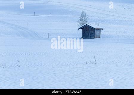 Einsames Holzgebäude zwischen den schneebedeckten Hügeln, mit Wegen für Skifahrer Stockfoto