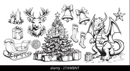 Weihnachten handgezeichnete Dekorationen, Vektorelemente. Traditionelle Weihnachtssymbole. Vektorabbildung Stock Vektor