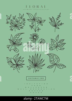 Sammlung minimalistischer Blumenillustrationen im Line Art Stil, kann für Druck, Wohnkultur, Wandplakat, Einladung und andere verwendet werden Stock Vektor