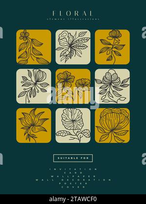 Sammlung minimalistischer Blumenillustrationen im Line Art Stil, kann für Druck, Wohnkultur, Wandplakat, Einladung und andere verwendet werden Stock Vektor