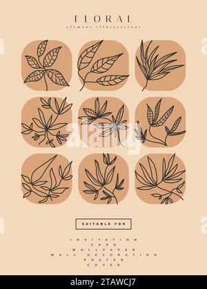 Sammlung minimalistischer Blumenillustrationen im Line Art Stil, kann für Druck, Wohnkultur, Wandplakat, Einladung und andere verwendet werden Stock Vektor