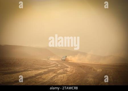 Blick auf eine Wüste mit Nebel und Sandsturm. Stockfoto