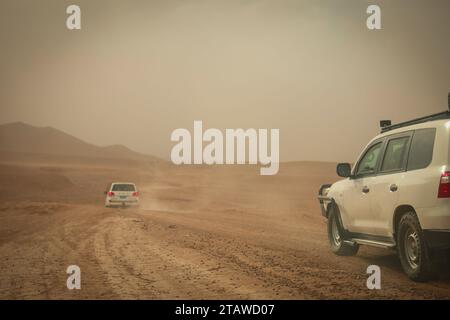 Blick auf eine Wüste mit Nebel und Sandsturm. Stockfoto